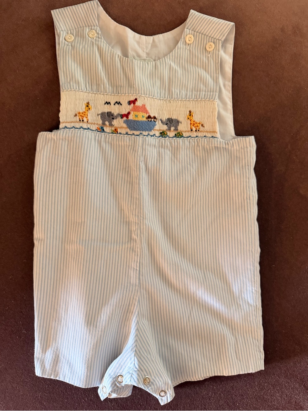 Light Blue Striped Boys' Smocked Noah's Ark Romper